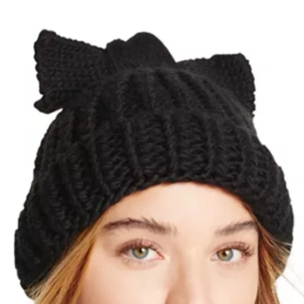 Federicamoretti Black Chunky Knit Bow Beanie - Made in Italy - Wool Blend